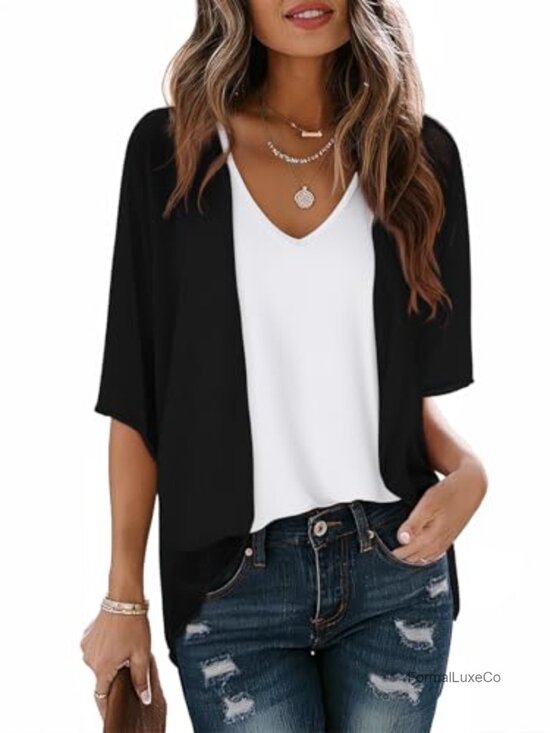Sweaters - Lightweight Chiffon Cardigan Puff Sleeve Loose Beach Cover Up Blouse Top